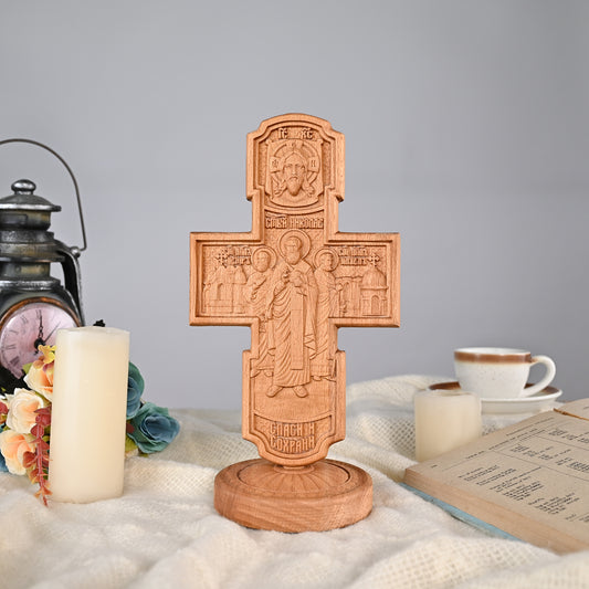 Wood carving statue,Double-sided cross sculpture,carved tabletop,benedict s exorcism,decoration church