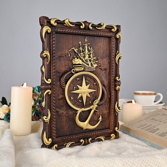 Navigator wood sculpture, Anchor Travel around the world wooden board