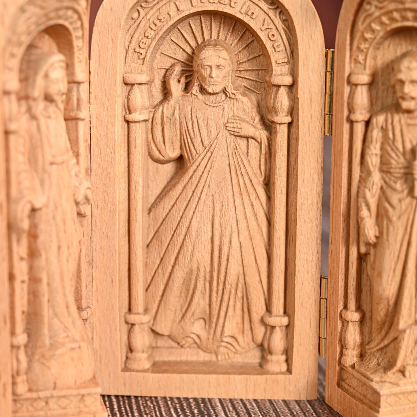 Round Wood Carving,Catholic holy relics three-fold wooden box,hanging art,religious Blessing