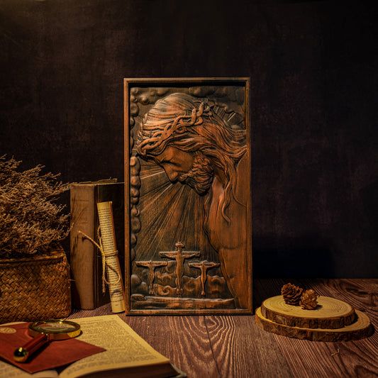 Wood carving religious,Plaque commemorating Good Friday,remembering the meaning of Jesus' crucifixion