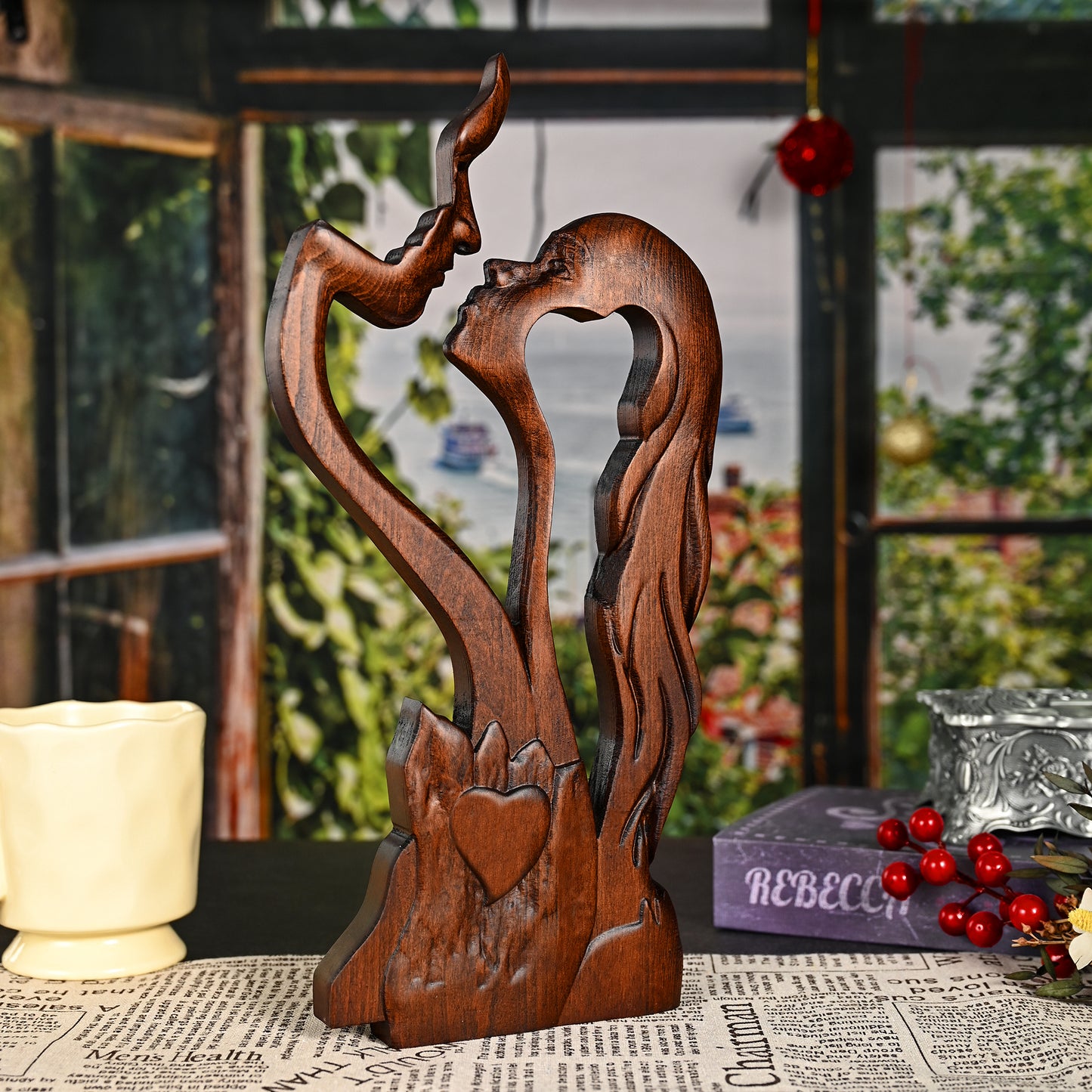 Cross wood carving,Couple portrait sculpture Love Cross,carved tabletop,Wedding Family s day gift,