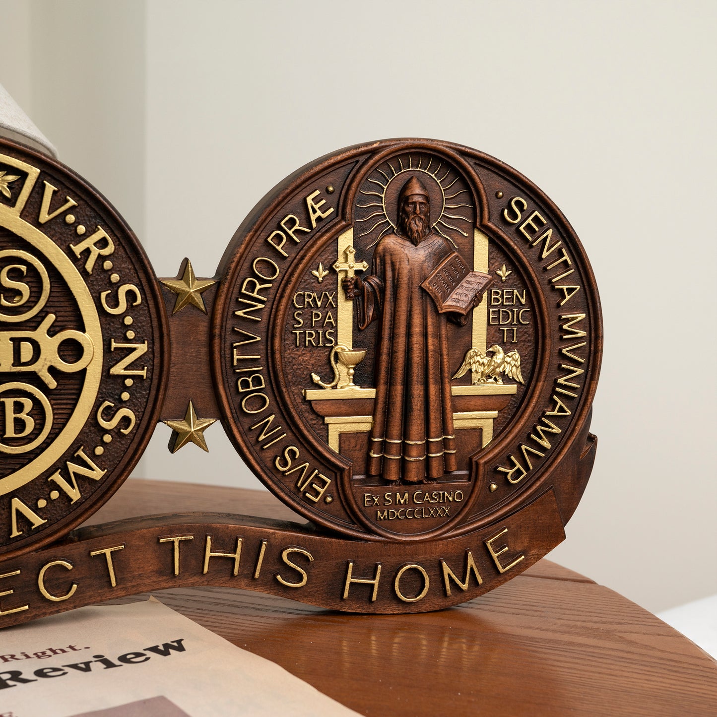 Wood tabletop ornament,St. Benedict's Exorcism Medal Christian Wall Plaque,Best Christmas Gift