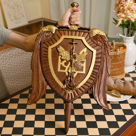 Large Wooden Carving,Sword and Shield Angel Solid Wood Carving,s exorcism,Guardian Angel