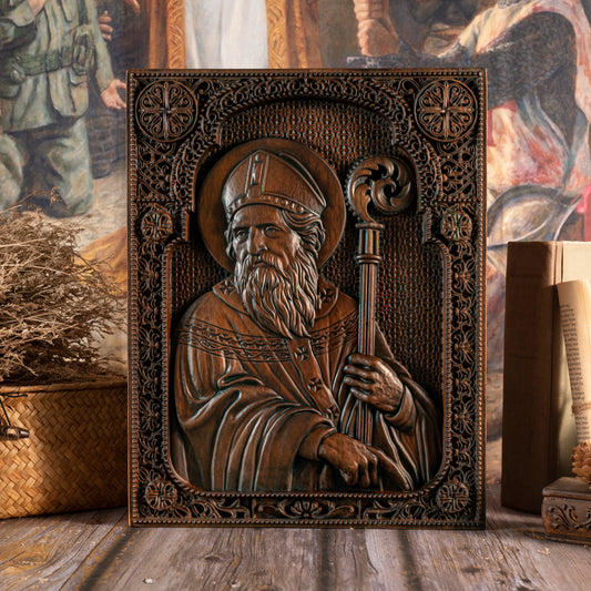 Saint Patrick Wood Carved Icon Religious Gift Wall Hanging Art Work,family wall decoration