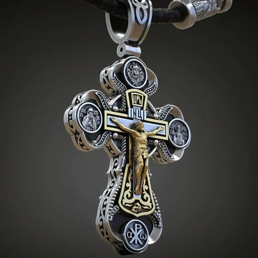 Jesus Virgin Mary Trinity Double Sided Cross Necklace Engraved S925K Silver