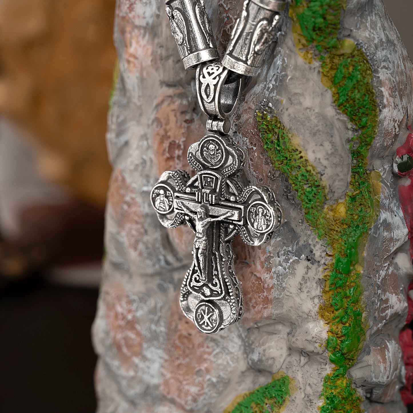 Jesus Virgin Mary Trinity Double Sided Cross Necklace Engraved S925K Silver