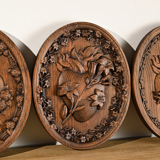 Sacred Family Three Sacred Hearts of Joseph,Wall Decoration Wood Sculpture,Religious Wood carving