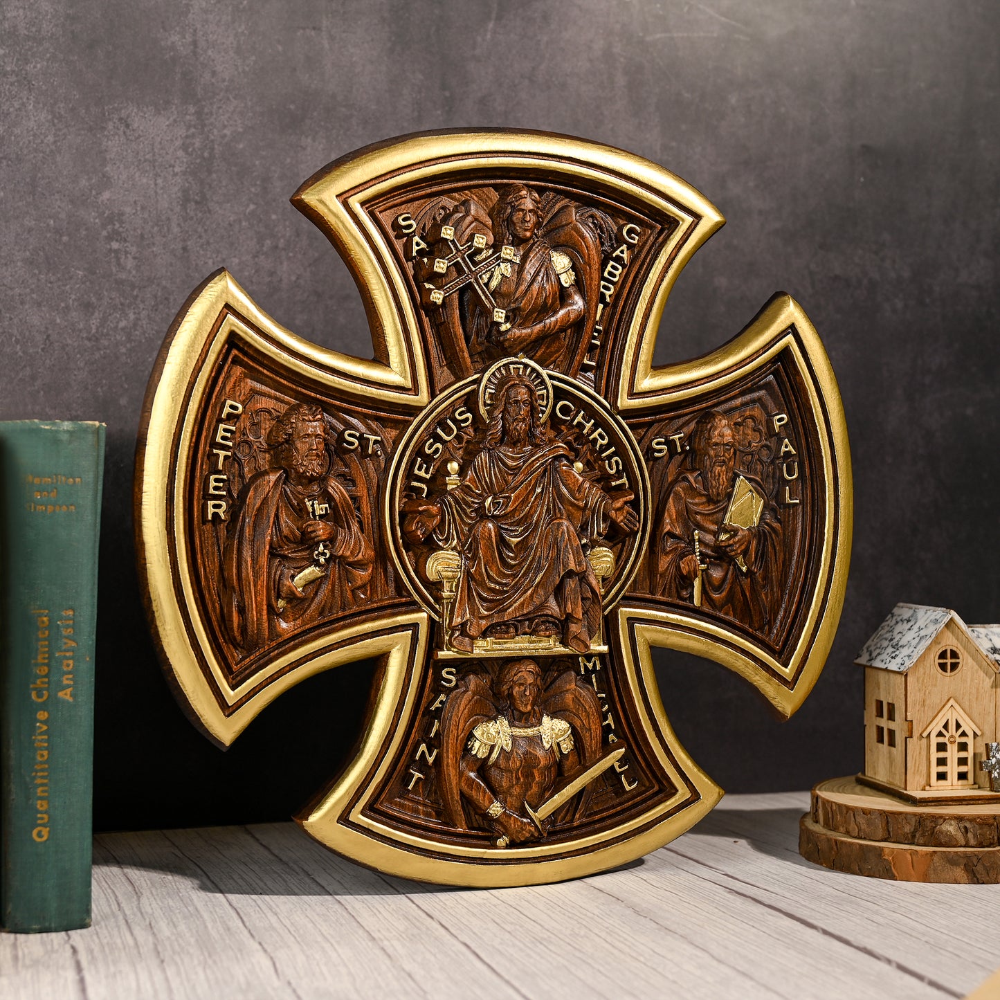 Trinity Jesus and Mary Wood Cross,religious statue benedict s exorcism,solid wood carving,wall hanging