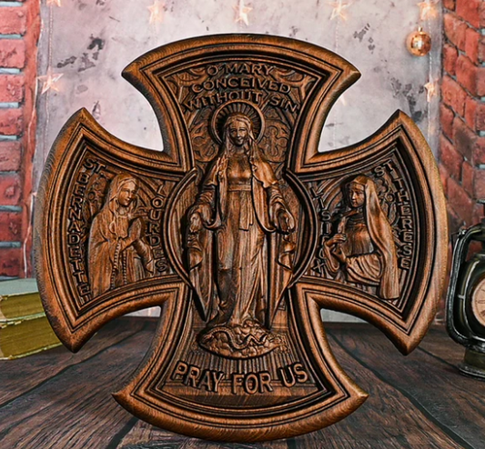 Mary Wood Cross,Our Lady Mary-themed Beech Cross,Bringing Sacred Warmth,catholic religious