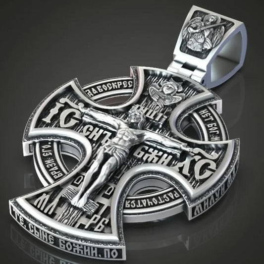 Engraved 925K Sterling Silver Necklace Michael Archangel and Crucifixion Front and Back