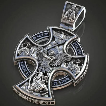 Engraved 925K Sterling Silver Necklace Michael Archangel and Crucifixion Front and Back