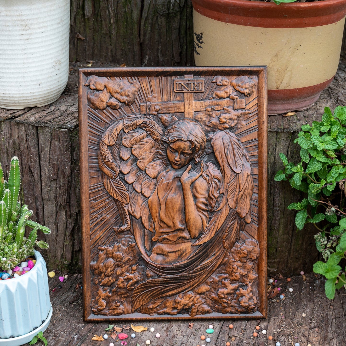 Carved Wood Girl Angel Archangel Chamuel for Wall Decorations,Holy Communion Gifts, Christian Art