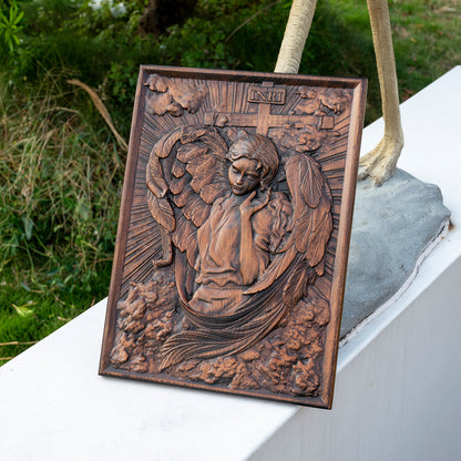 Carved Wood Girl Angel Archangel Chamuel for Wall Decorations,Holy Communion Gifts, Christian Art