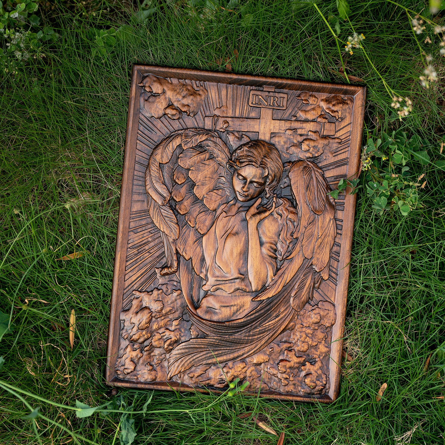 Carved Wood Girl Angel Archangel Chamuel for Wall Decorations,Holy Communion Gifts, Christian Art