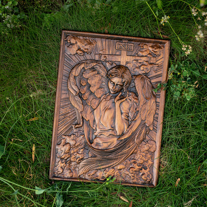 Carved Wood Girl Angel Archangel Chamuel for Wall Decorations,Holy Communion Gifts, Christian Art