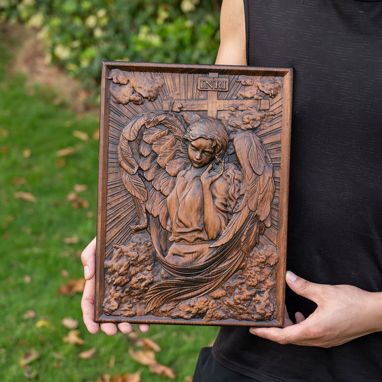 Carved Wood Girl Angel Archangel Chamuel for Wall Decorations,Holy Communion Gifts, Christian Art