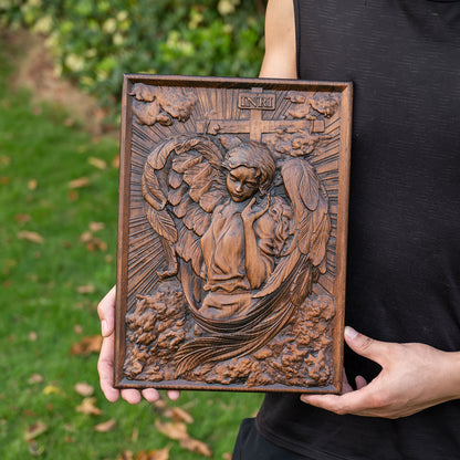 Carved Wood Girl Angel Archangel Chamuel for Wall Decorations,Holy Communion Gifts, Christian Art