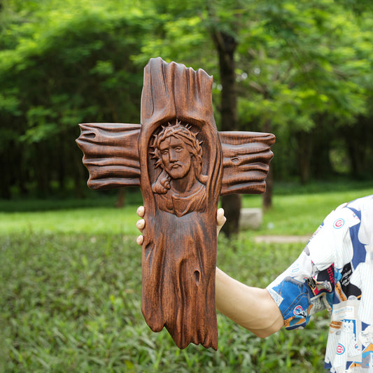 Jesus Crown of Thorns Irregular Cross Wooden Sculpture,wooden wall hanging,Religious Icon