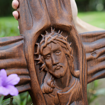 Jesus Crown of Thorns Irregular Cross Wooden Sculpture,wooden wall hanging,Religious Icon