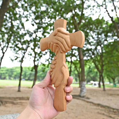 Vintage Wooden Cross with Holding Hands,Faith and Unity Wooden Cross Figurine,Christian Spiritual Gift