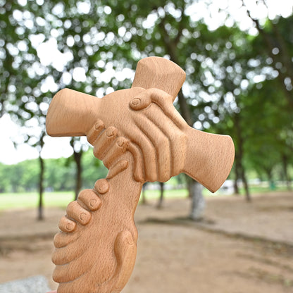 Vintage Wooden Cross with Holding Hands,Faith and Unity Wooden Cross Figurine,Christian Spiritual Gift