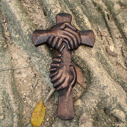 Vintage Wooden Cross with Holding Hands,Faith and Unity Wooden Cross Figurine,Christian Spiritual Gift