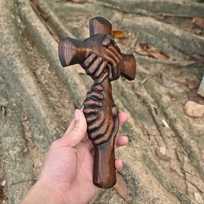 Vintage Wooden Cross with Holding Hands,Faith and Unity Wooden Cross Figurine,Christian Spiritual Gift