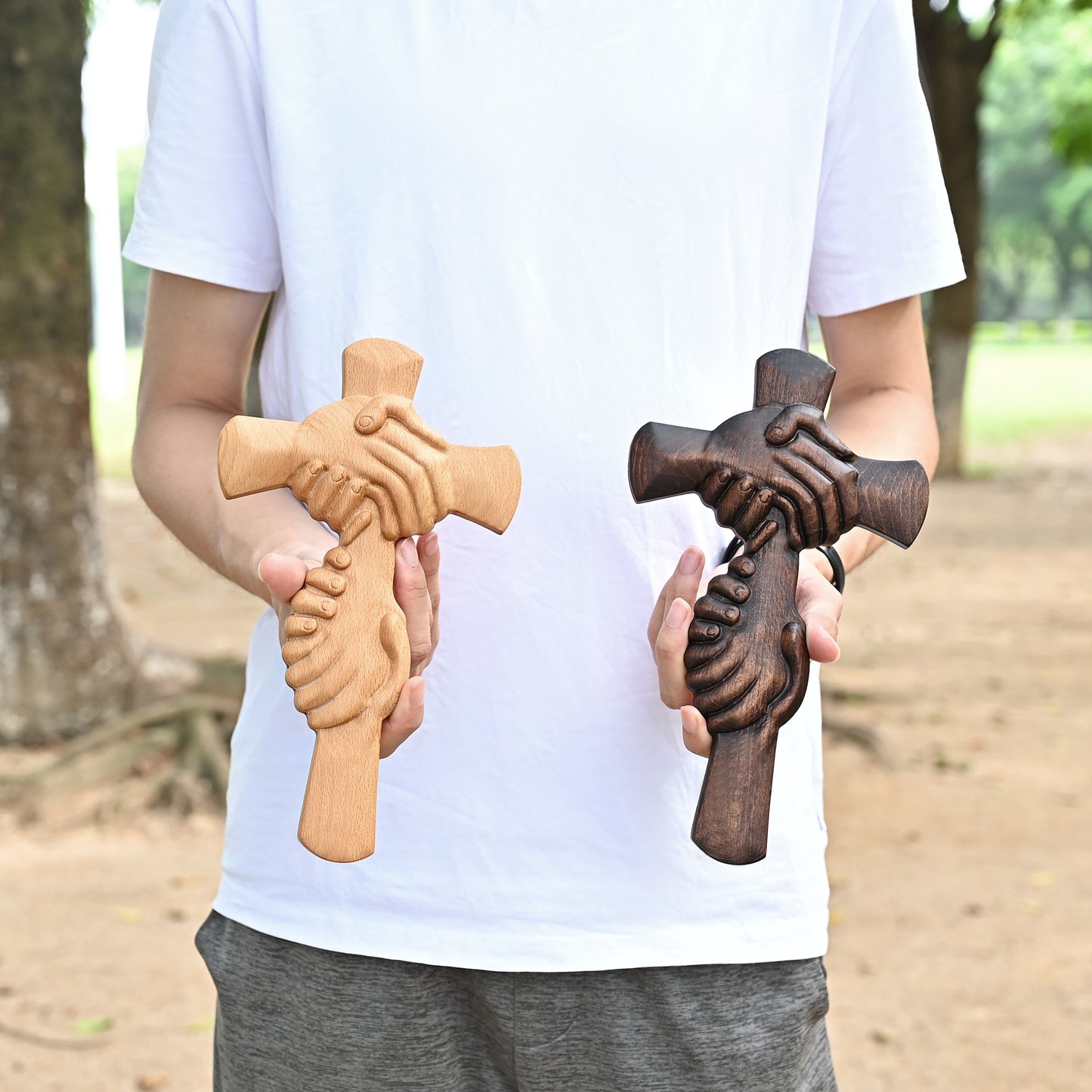 Vintage Wooden Cross with Holding Hands,Faith and Unity Wooden Cross Figurine,Christian Spiritual Gift