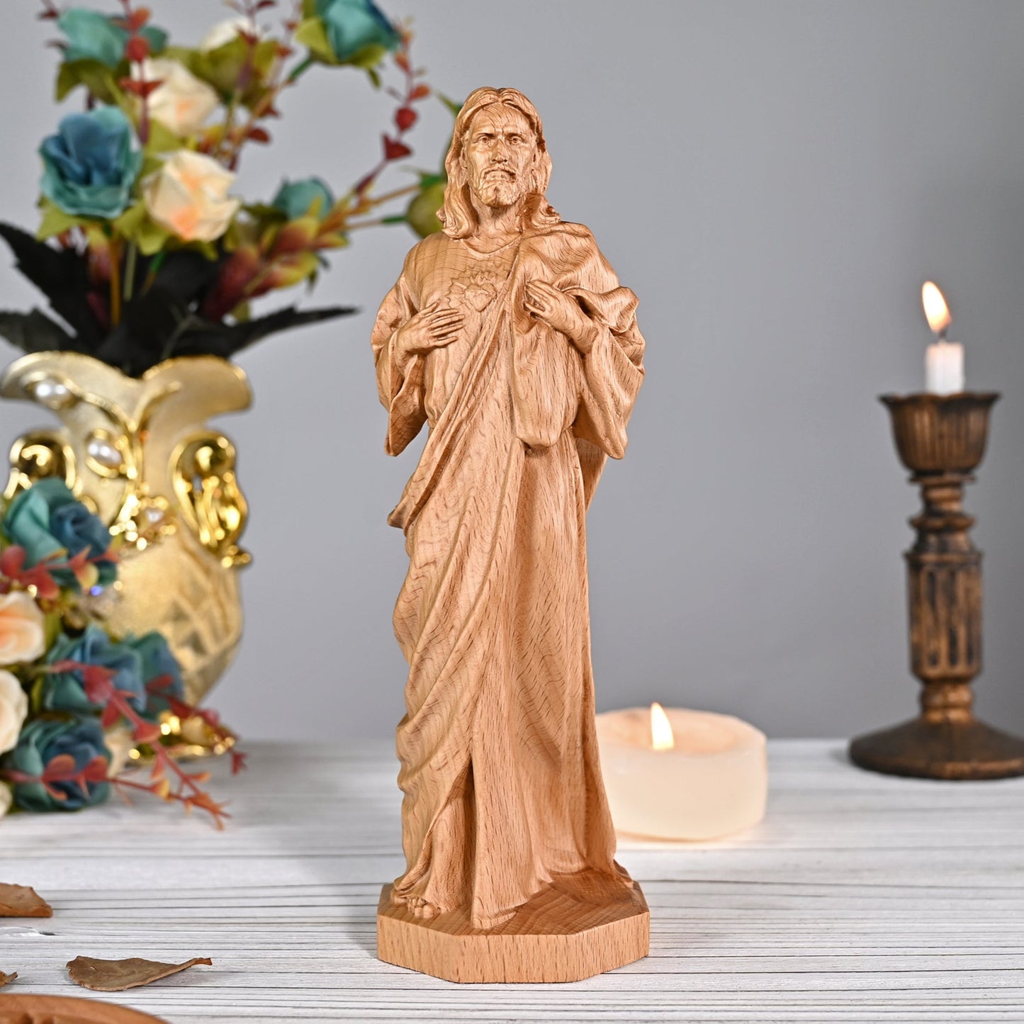 Wooden plaque,Sacred Heart of Jesus Catholic Jesus Statue,Beech hand carved,family wall,Christian Art