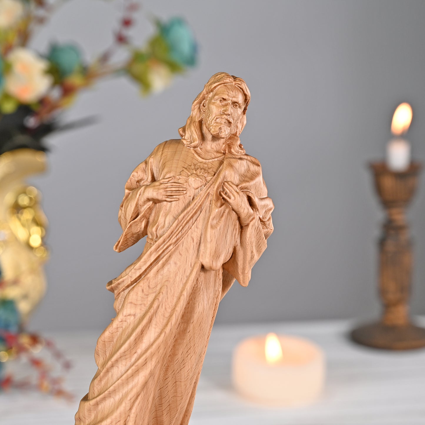 Wooden plaque,Sacred Heart of Jesus Catholic Jesus Statue,Beech hand carved,family wall,Christian Art