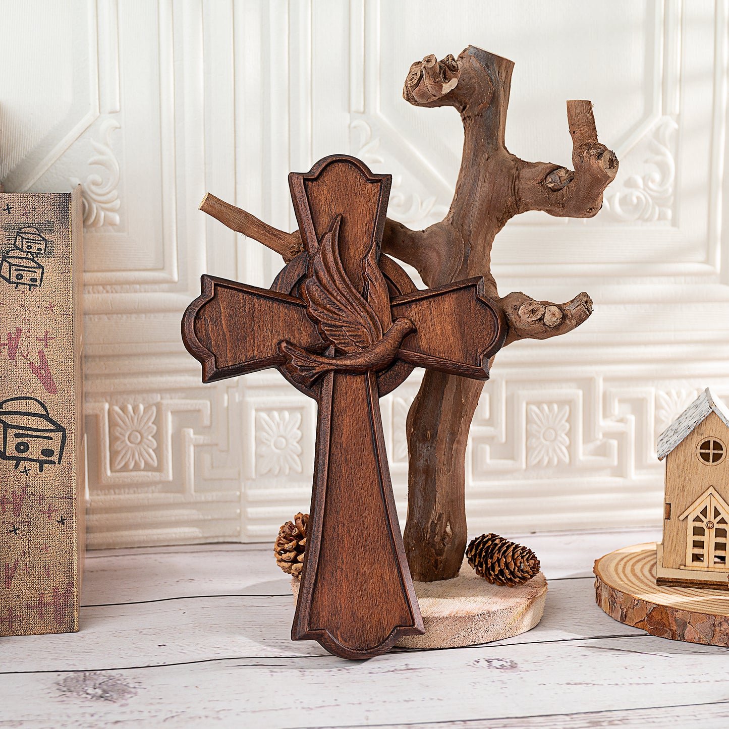 Holy Spirit Cross Wooden Hand Carved Cross for Wall Decor,Religious Gift Cross