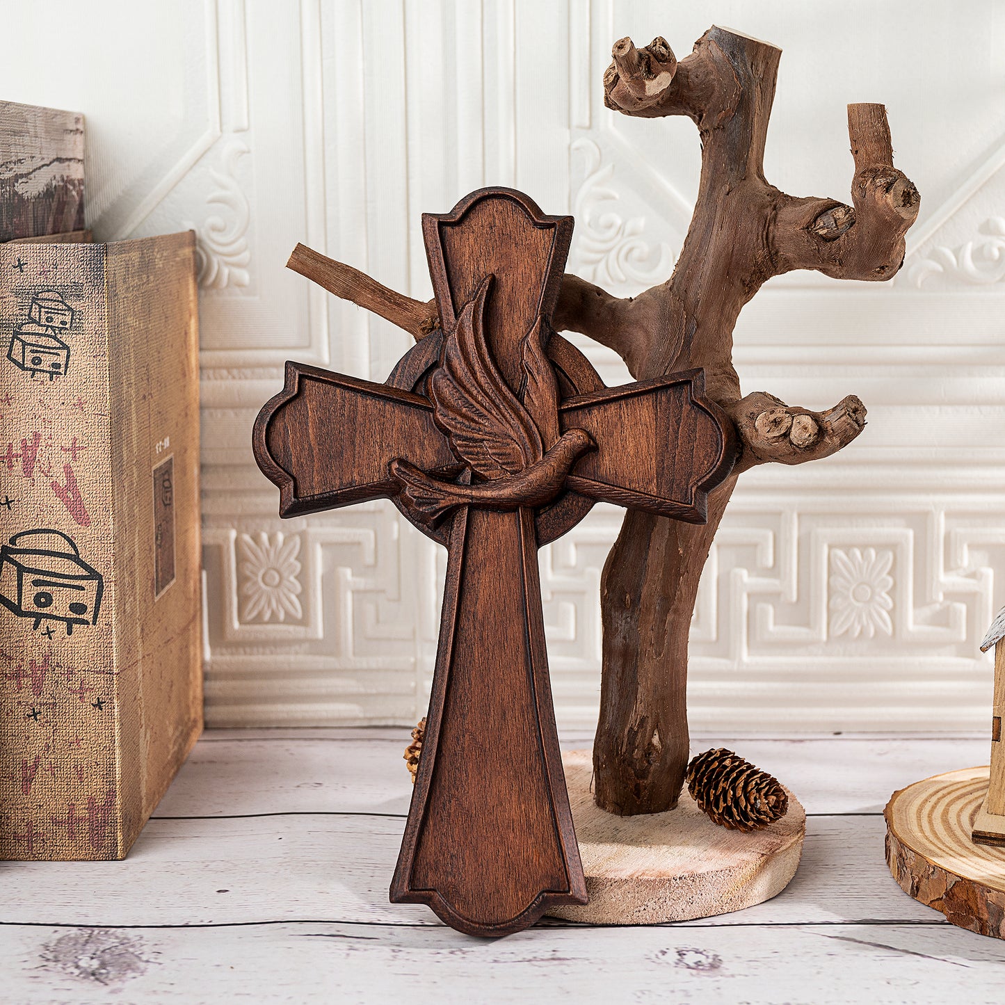 Holy Spirit Cross Wooden Hand Carved Cross for Wall Decor,Religious Gift Cross