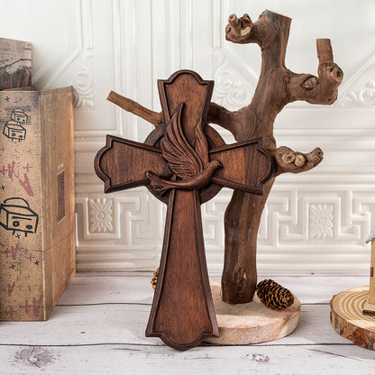 Holy Spirit Cross Wooden Hand Carved Cross for Wall Decor,Religious Gift Cross
