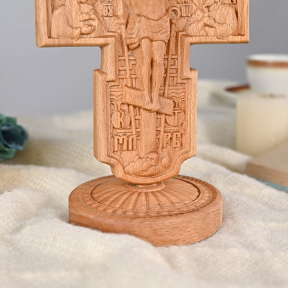 Wood carving statue,Double-sided cross sculpture,carved tabletop,benedict s exorcism,decoration church