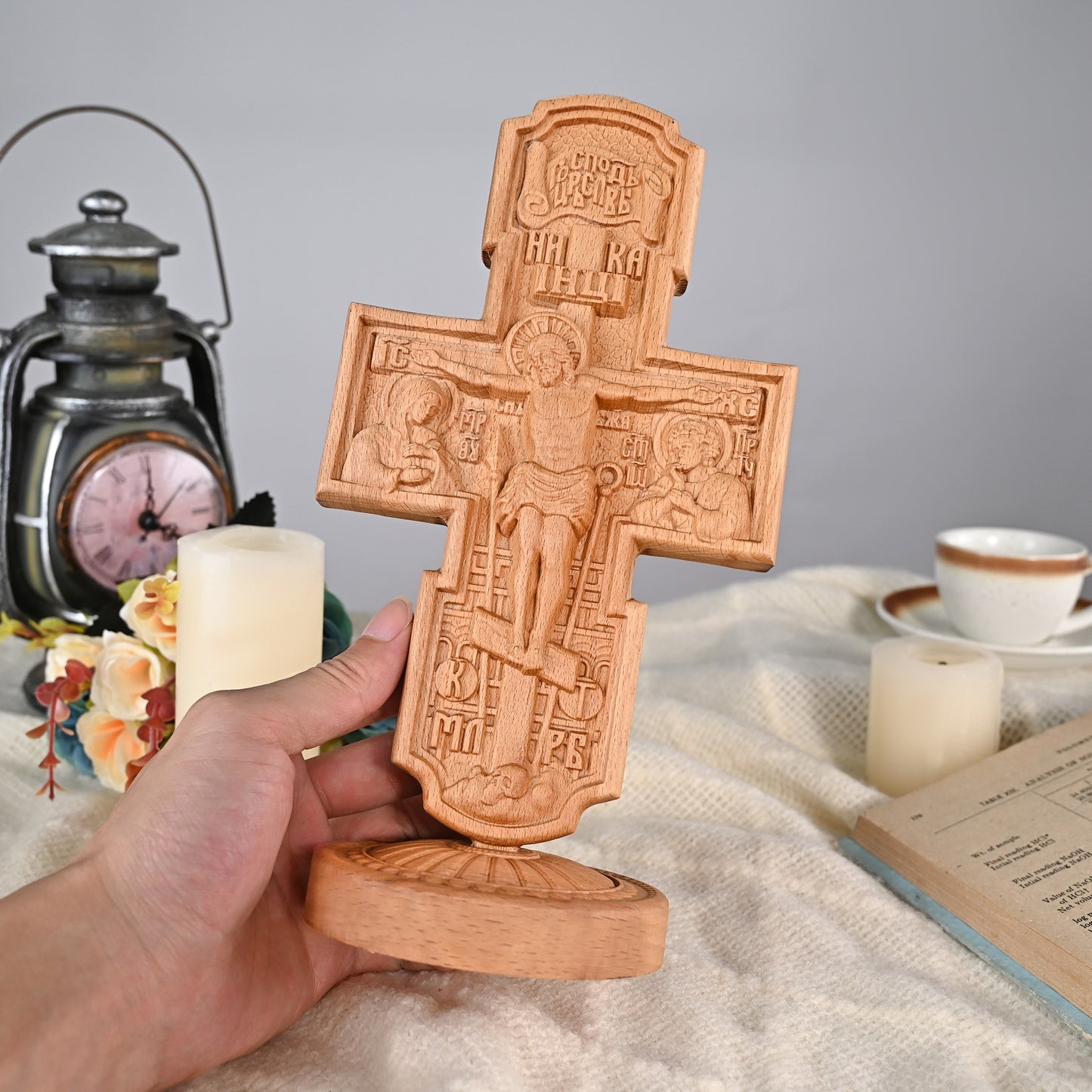 Wood carving statue,Double-sided cross sculpture,carved tabletop,benedict s exorcism,decoration church