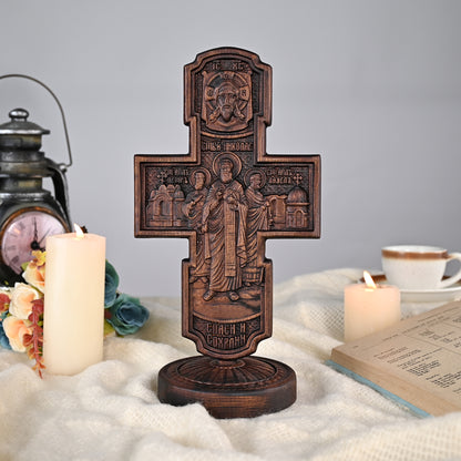 Wood carving statue,Double-sided cross sculpture,carved tabletop,benedict s exorcism,decoration church