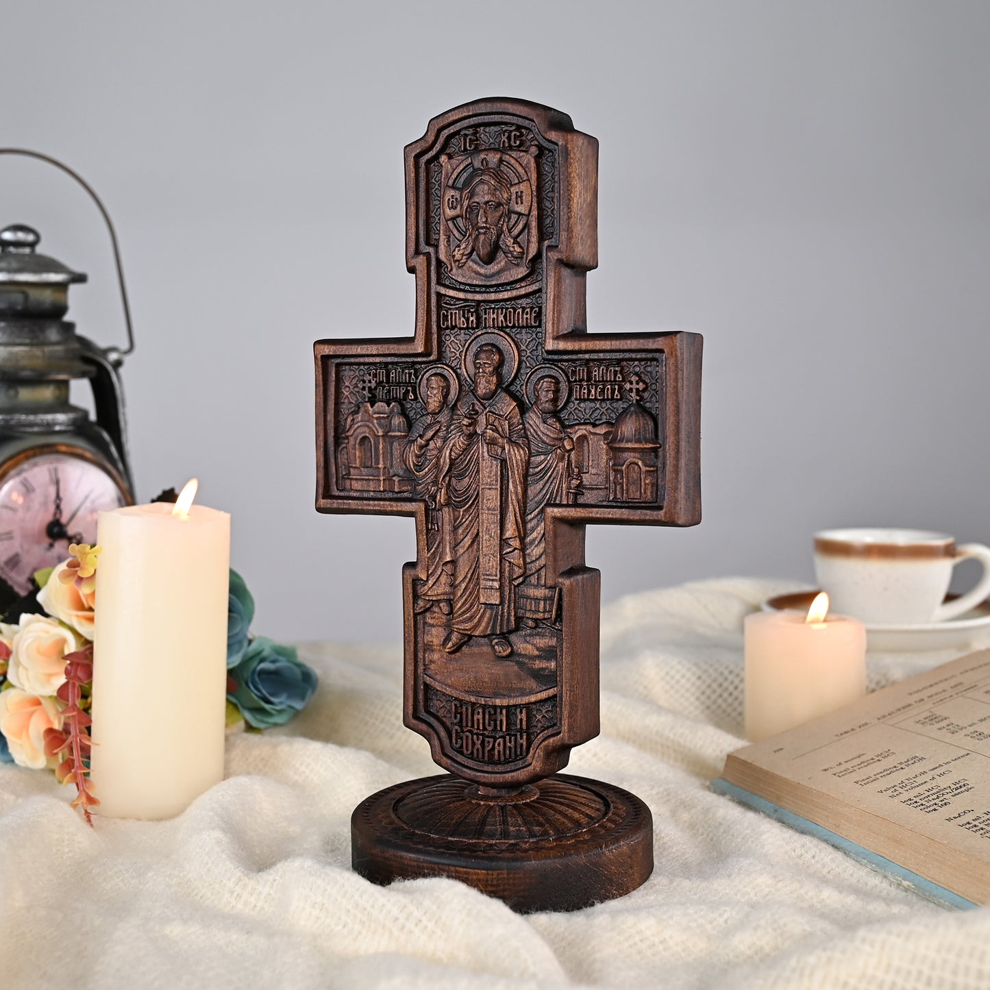 Wood carving statue,Double-sided cross sculpture,carved tabletop,benedict s exorcism,decoration church