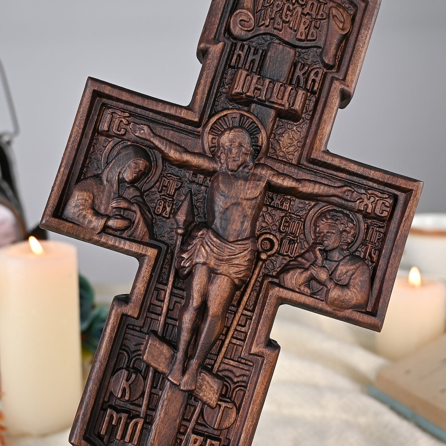 Wood carving statue,Double-sided cross sculpture,carved tabletop,benedict s exorcism,decoration church