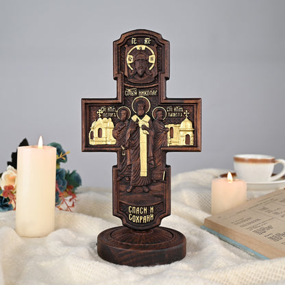 Wood carving statue,Double-sided cross sculpture,carved tabletop,benedict s exorcism,decoration church