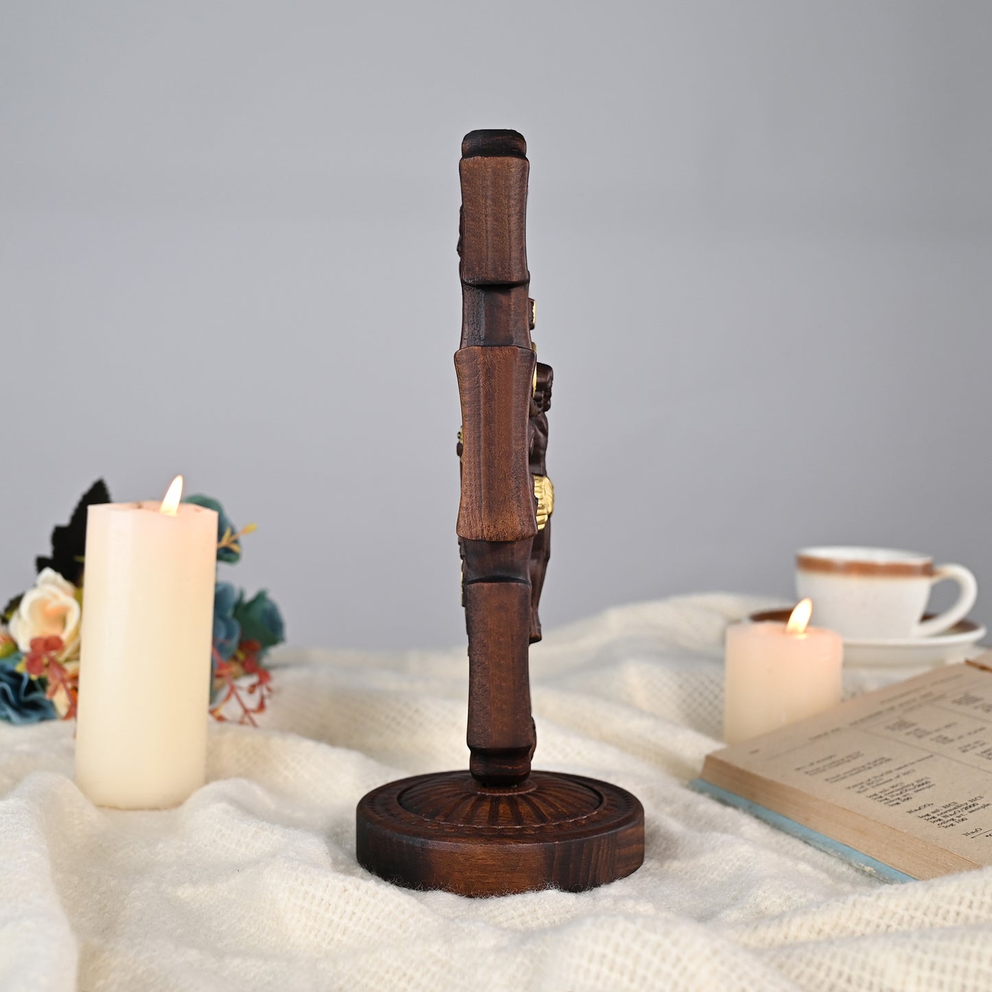 Wood carving statue,Double-sided cross sculpture,carved tabletop,benedict s exorcism,decoration church
