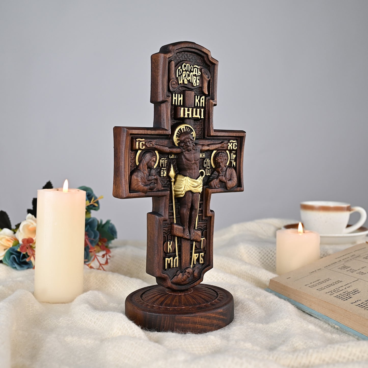 Wood carving statue,Double-sided cross sculpture,carved tabletop,benedict s exorcism,decoration church