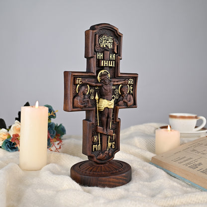 Wood carving statue,Double-sided cross sculpture,carved tabletop,benedict s exorcism,decoration church