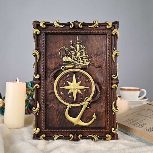 Navigator wood sculpture, Anchor Travel around the world wooden board