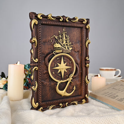 Navigator wood sculpture, Anchor Travel around the world wooden board