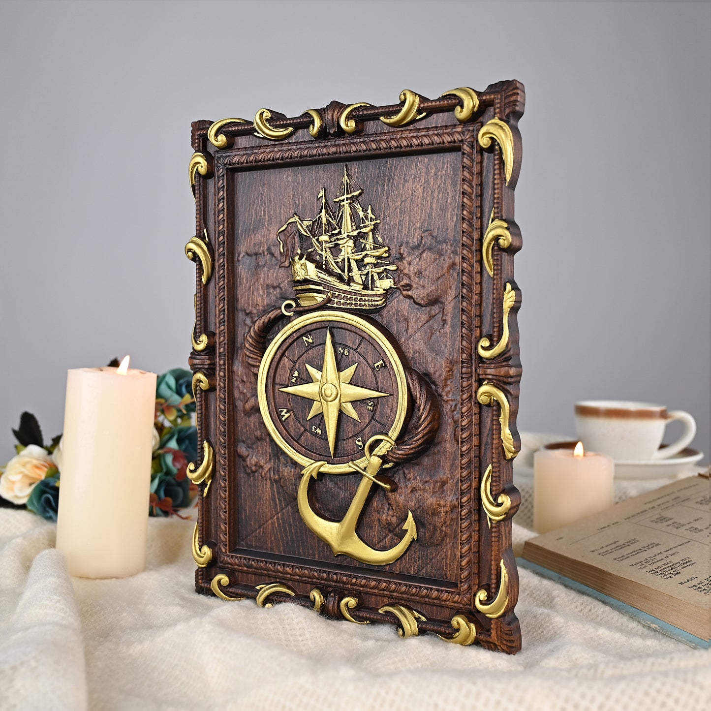 Navigator wood sculpture, Anchor Travel around the world wooden board