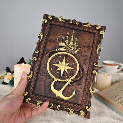 Navigator wood sculpture, Anchor Travel around the world wooden board
