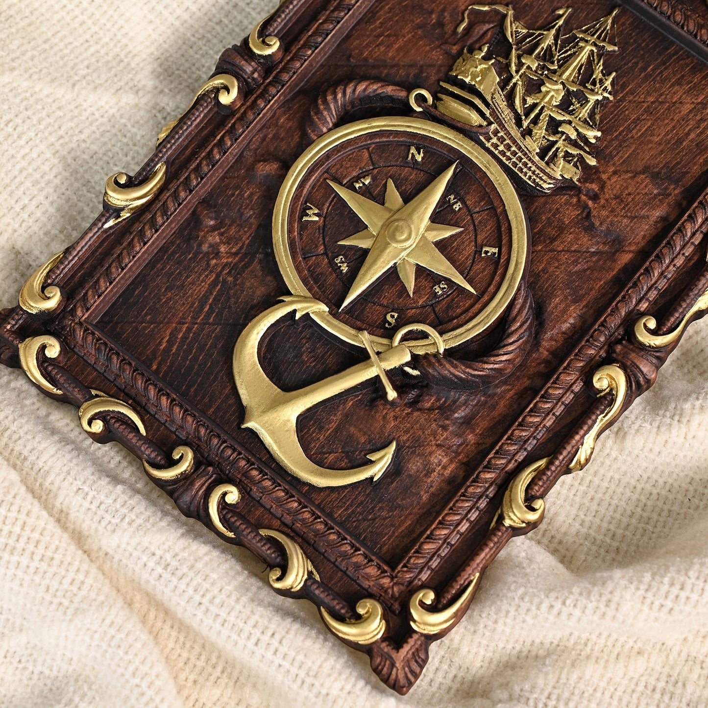 Navigator wood sculpture, Anchor Travel around the world wooden board