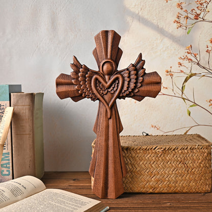 Wood carving statue,archangel Angel cross,nativity scene,religious gift,Guardian Angel girl