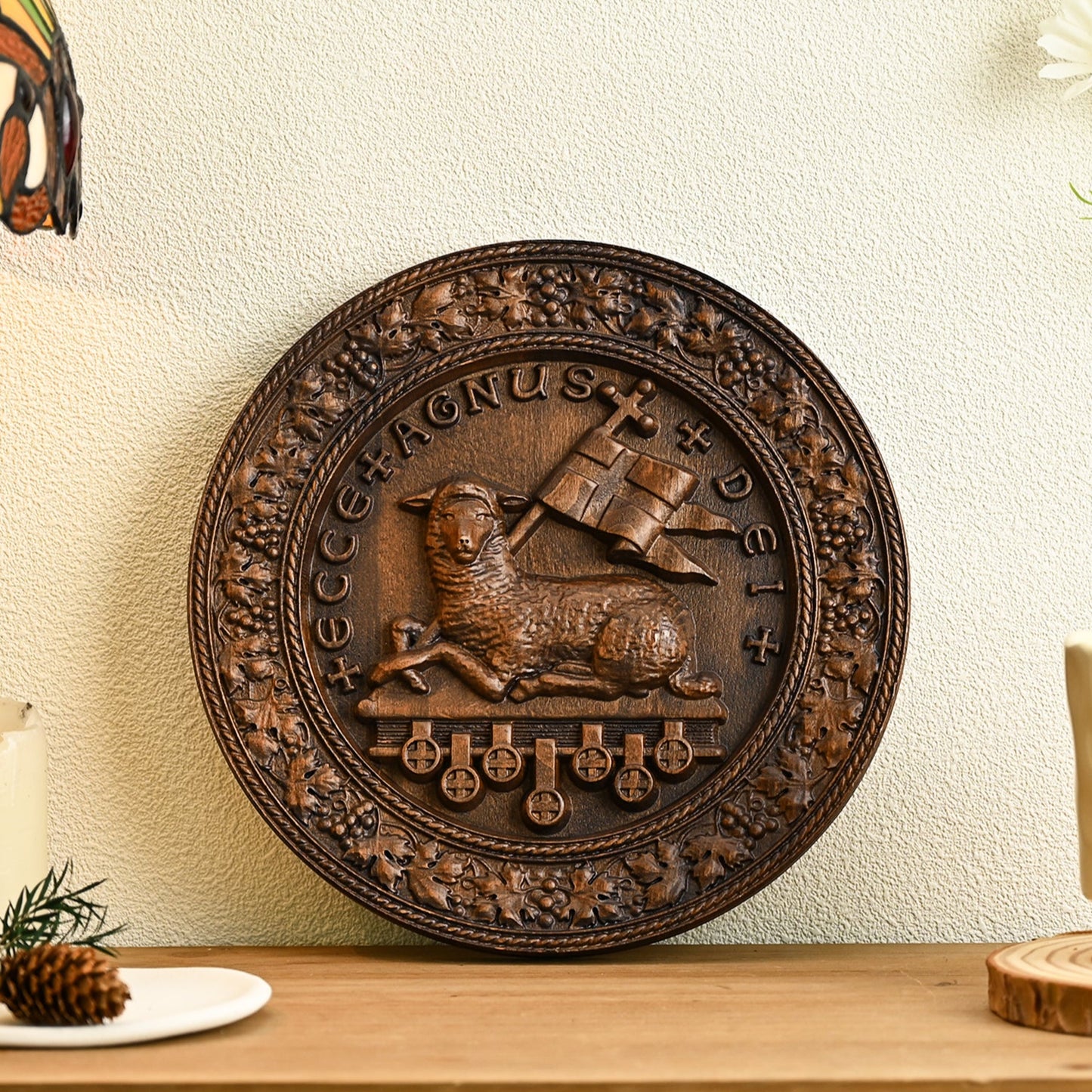 Round Wood Carving,Passover Lamb Round wood carving,home decoration tabletop arrangement