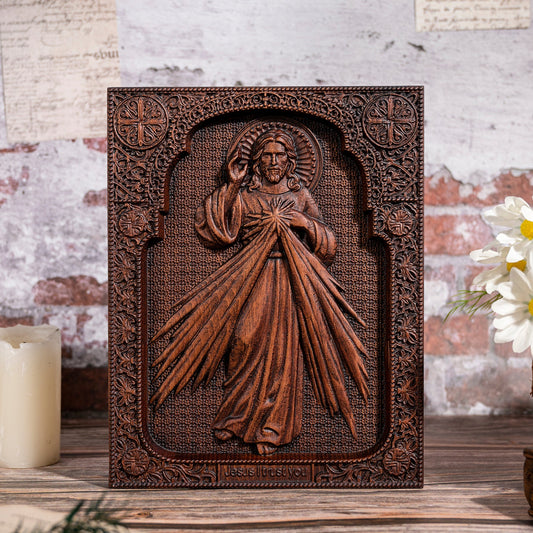 The Sacred Heart and Divine Mercy Jesus Christ Wood Wall Plaque,wood carving religious,Holy Statue